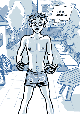 Ramsey is standing out on the patio in his boxer shorts holding an unlit cigarette and looking stunned.